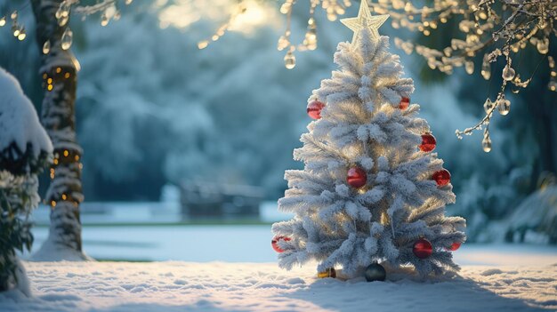 Kerstboom met verlichting in winterbos met sneeuw op ijzige kerstnacht Prachtig wintervakantielandschap