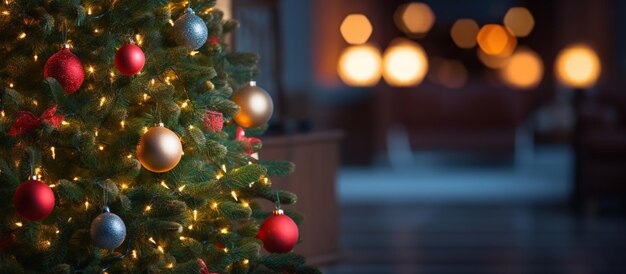 Kerstboom met versierde lichten op de achtergrond