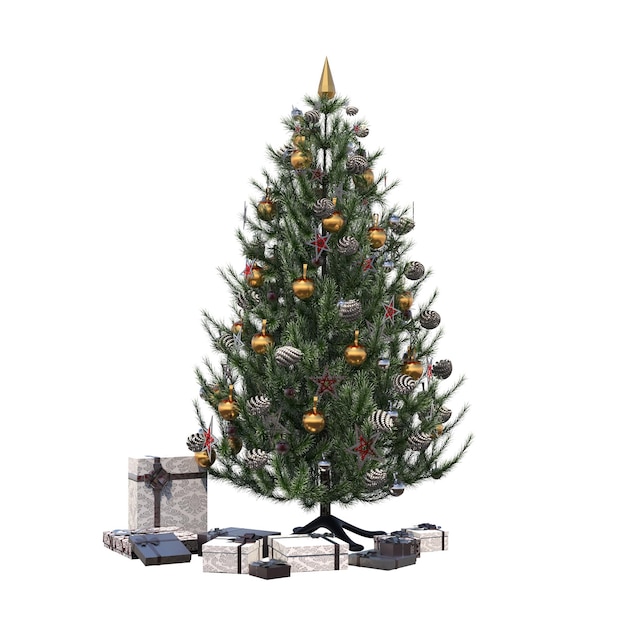 Kerstboom met versieringen, geïsoleerd op een witte achtergrond, 3D illustratie, cg render