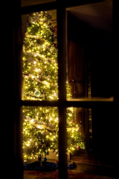 Kerstboom met witte intreepupil lichten door een raam.