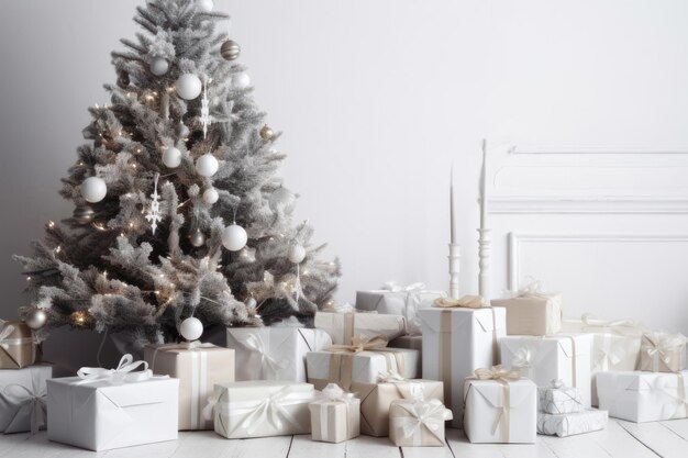 Kerstboom omgeven door geschenken op een witte achtergrond