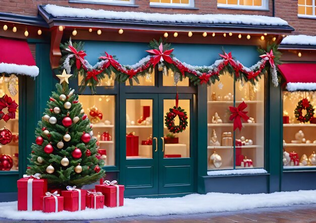 Foto kerstboom op de achtergrond van een winkelvenster met rode en witte kerstspeelgoederen en geschenkkistjes