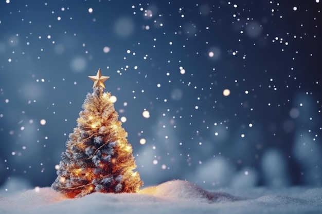 Kerstboom op Wazig Glanzende Lichten op sneeuwtop van onscherpte berg achtergrond Kerstavond concept