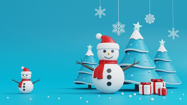 Kerstboom, sneeuwpop en geschenkdoos op blauw