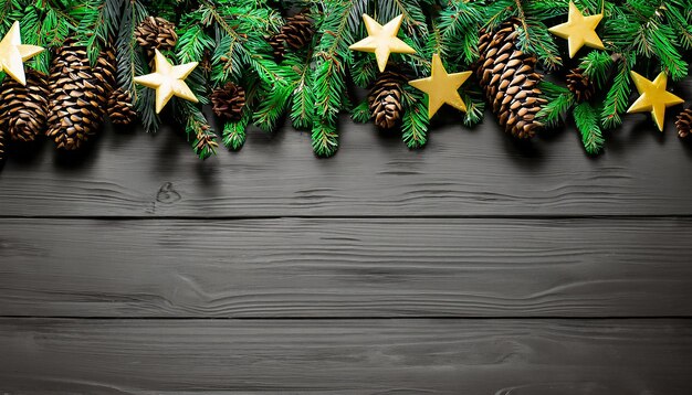 Kerstboom takken met fircones gouden sterren op donkere houten achtergrond