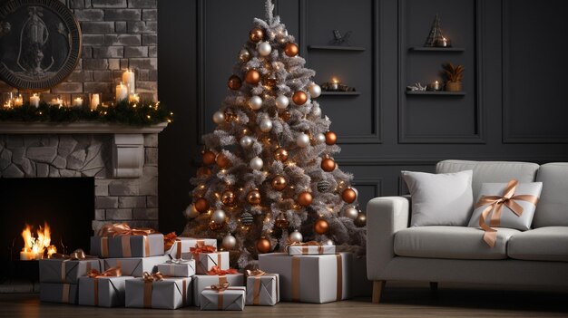 Kerstboom versierd met kransen en cadeau dozen staat dicht bij de bank
