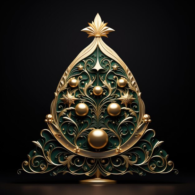 Kerstboom versierd met ornamenten en ballen Minimalistische luxe 3D-illustratie in groen en goud