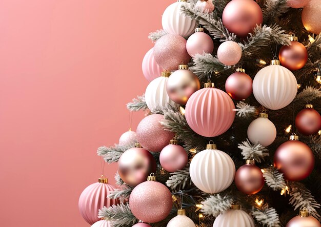 Kerstboom versierd met roze ballen op een roze achtergrond kopieer ruimte voor tekst