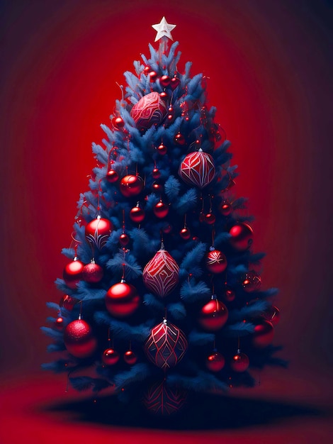 Kerstboom versierd met veel versieringen op rode achtergrond generatieve AI
