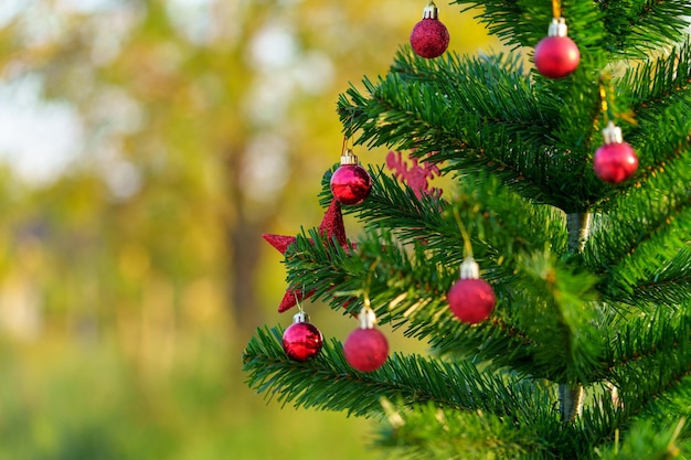 Kerstboomachtergrond en Versierde Kerstboom op onscherpe achtergrond