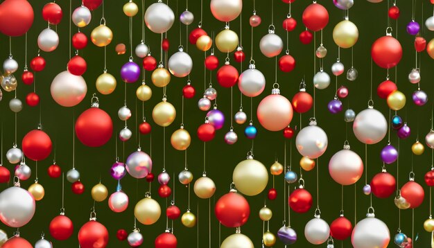 Foto kerstboomballen die aan het plafond hangen als achtergrond voor kerstversiering