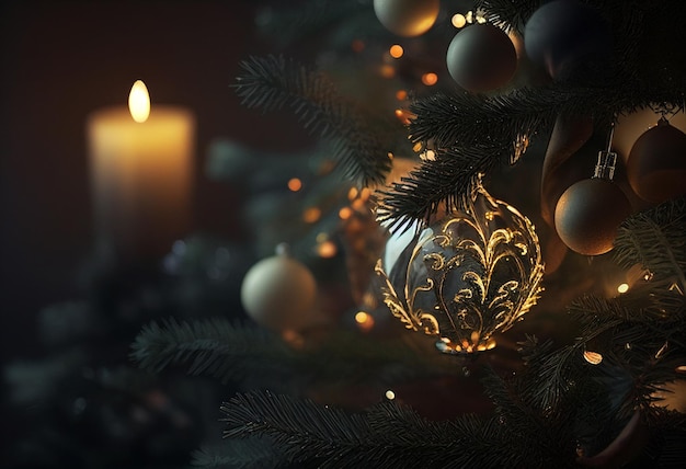 Kerstboomclose-up tegen de achtergrond van lichten en decoraties in donkere kleuren AI gegenereerd