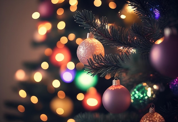 Kerstboomclose-up tegen de achtergrond van lichten in ballen en decoraties AI Generated