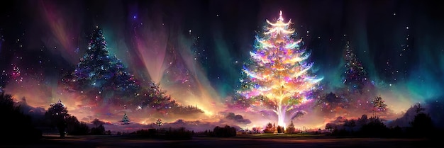 Kerstboomlandschap, vrolijk kerstfeest. Digitale illustratie.