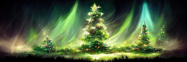 Kerstboomlandschap, vrolijk kerstfeest. Digitale illustratie.