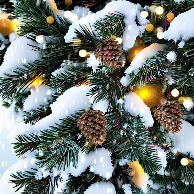 Kerstboomtak bedekt met sneeuw en feestelijke verlichting licht en bal gouden confetti