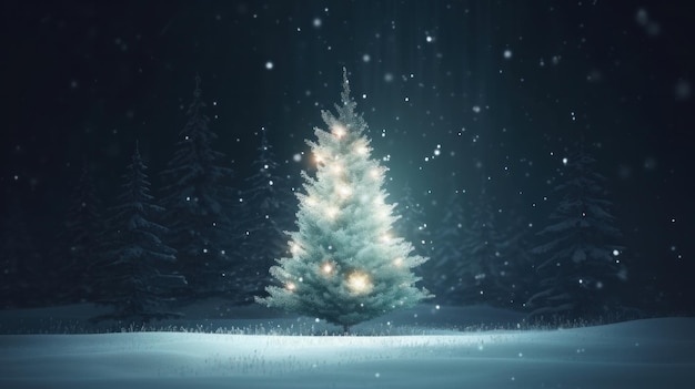 Kerstboomvakantie boomlicht op winternacht achtergrond AI generatief