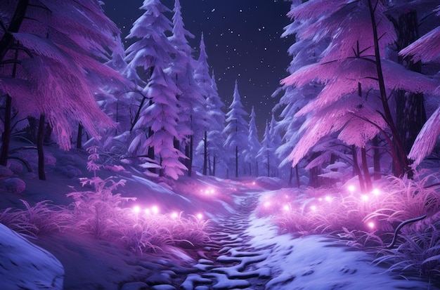 kerstboomverlichting's nachts en winterse scène