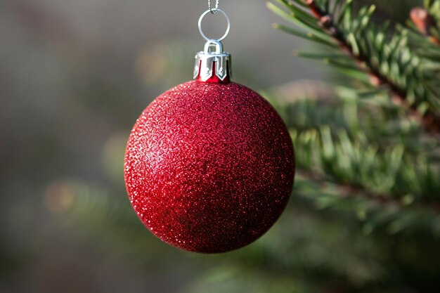 Kerstboomversiering met rode bal op wazige bokeh-achtergrond
