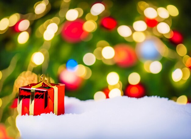 Kerstboomversiering op sneeuw met verlichting en cadeau met kopieerruimte
