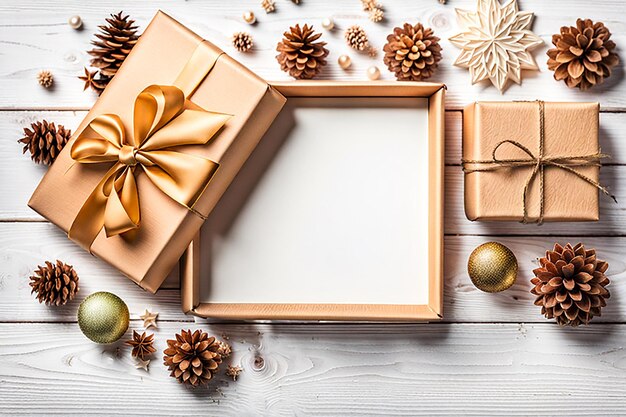 Kerstcadeau doos en kerstdecoratie op houten achtergrond Bokeh licht