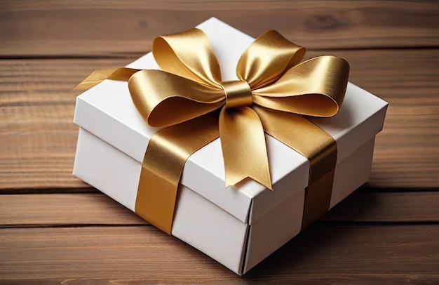 Kerstcadeau doos met gouden strik op houten achtergrond