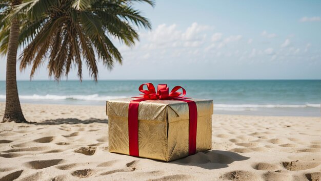 Kerstcadeau doos op het zandstrand zee met palmbomen in de hete zon huidige toeristische reis