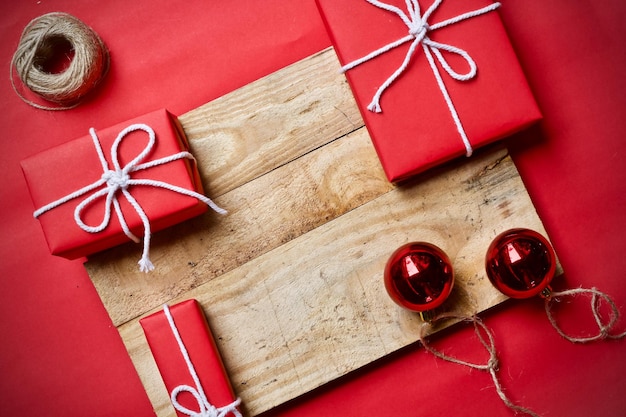 Kerstcadeau doos winter nieuwjaar concept Flat lay top view