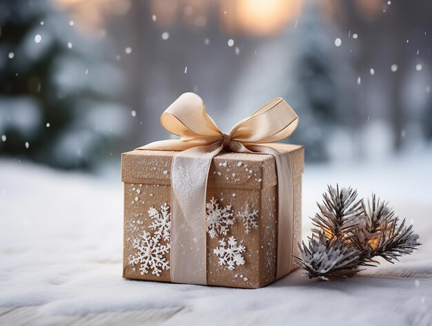 Kerstcadeau doos xmas achtergrond wazig winter landschap met sneeuw Festive concept kopie ruimte