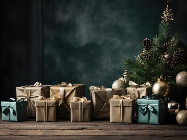 Kerstcadeau dozen houten achtergrond dennentakken Kerstboomtrends