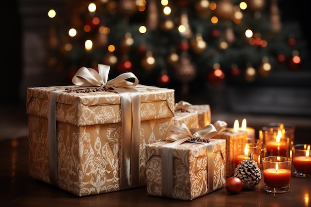 Kerstcadeau dozen met gouden linten op een wazige kerstboom achtergrond kerstconcept