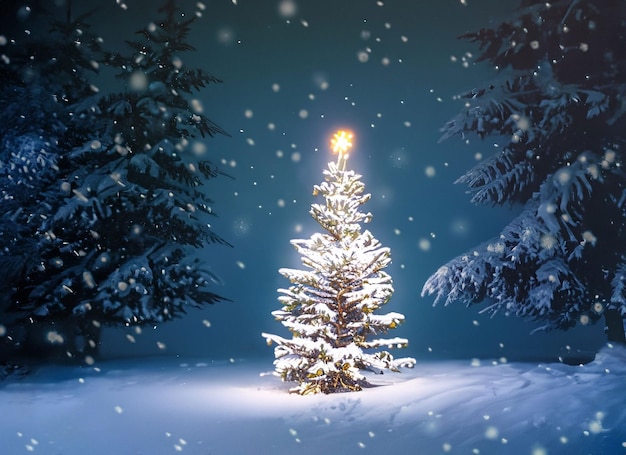 Kerstcadeau en kerstboom met lichte en oranje bakstenen muur achtergrond