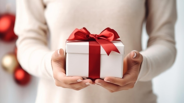 Kerstcadeau in een lichte doos met een rood lint in zachte vrouwelijke handen in een witte trui op een