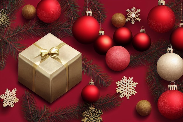 Kerstcadeau samenstelling Xmas geschenkdoos met decoraties boom ballen Plat lag bovenaanzicht