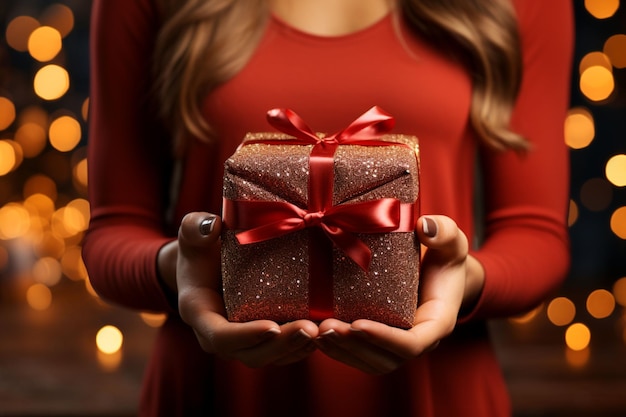 Kerstcadeau vrouw hand rode achtergrond Generatieve IA