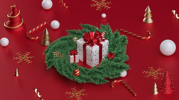 Kerstcadeaudoos met kerstballen 3d render