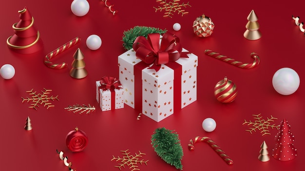 Kerstcadeaudoos met kerstballen 3d render