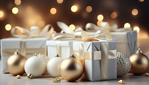 Kerstcadeaus en kerstversieringsballen met kopieerruimte voor kerstgroeten en nieuwjaar