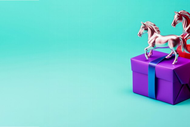 Kerstcadeaus in minimalistische stijl met paardenthema geïsoleerd op een achtergrond met kleurovergang