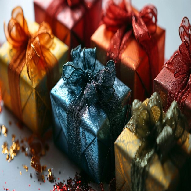 Foto kerstcadeaus met strikken op een houten tafel