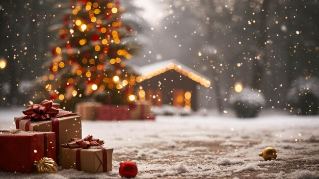 Kerstcadeaus onder een besneeuwde boom met een huis op de achtergrond