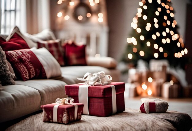 Foto kerstcadeaus op een bank in de woonkamer met een door ai gegenereerde kerstboom