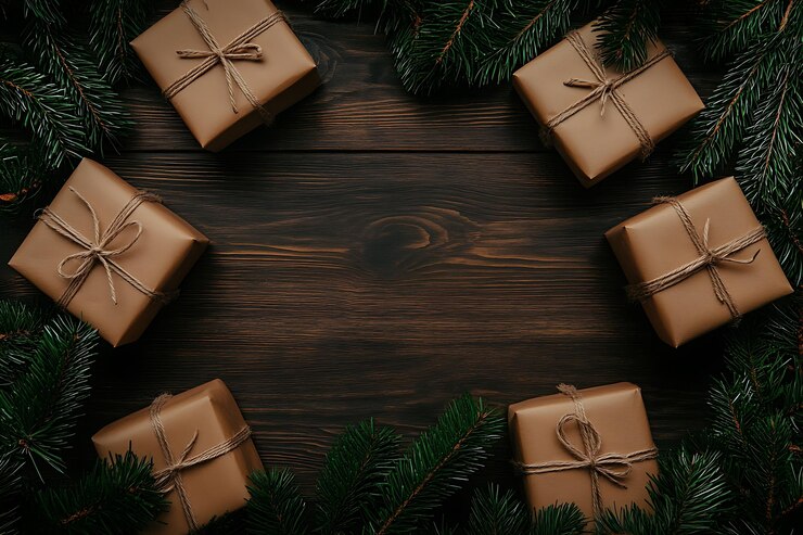 Foto kerstcadeaus op een houten achtergrond