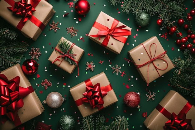 Kerstcadeautjes op groene achtergrond, omringd door decoraties Een vogelperspectief van meerdere geschenkdozen verspreid op een feestelijke achtergrond AI Generated