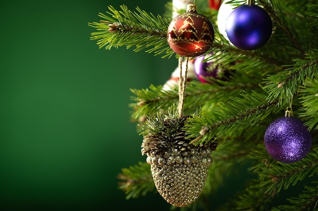 Kerstcompositie Ballen op een kerstboom close-up op een groene achtergrond