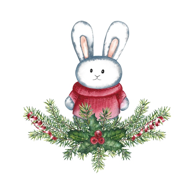 Kerstcompositie met een konijn. Aquarel illustratie.