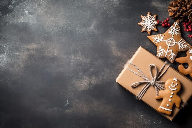 Kerstcompositie met geschenkdozen kaartballen dennentakken dennenappels met kopieerruimte Kerstmis