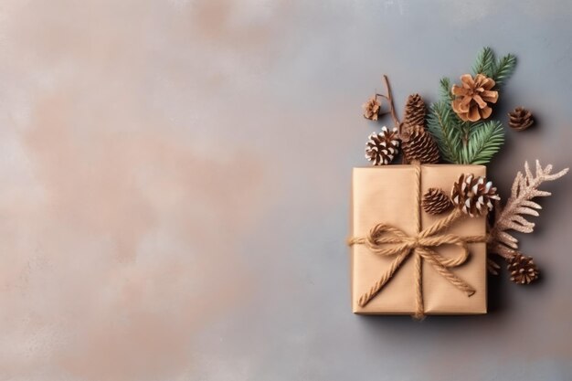 Kerstcompositie met geschenkdozen kaartballen dennentakken dennenappels met kopieerruimte Kerstmis