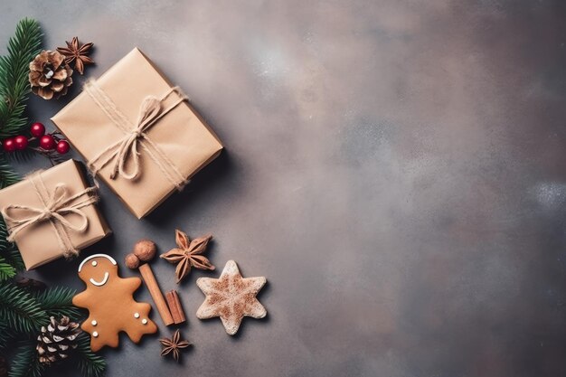 Kerstcompositie met geschenkdozen kaartballen dennentakken dennenappels met kopieerruimte Kerstmis