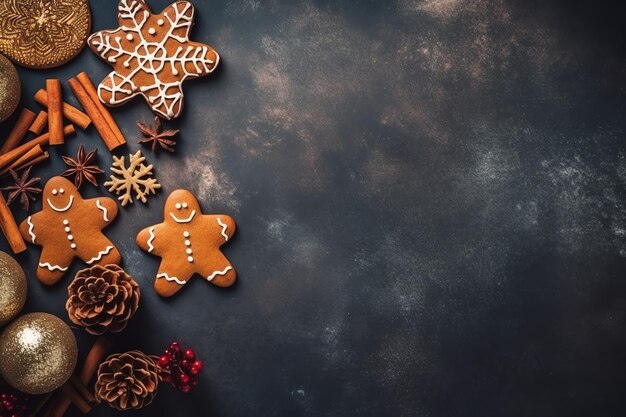 Kerstcompositie met geschenkdozen kaartballen dennentakken dennenappels met kopieerruimte Kerstmis